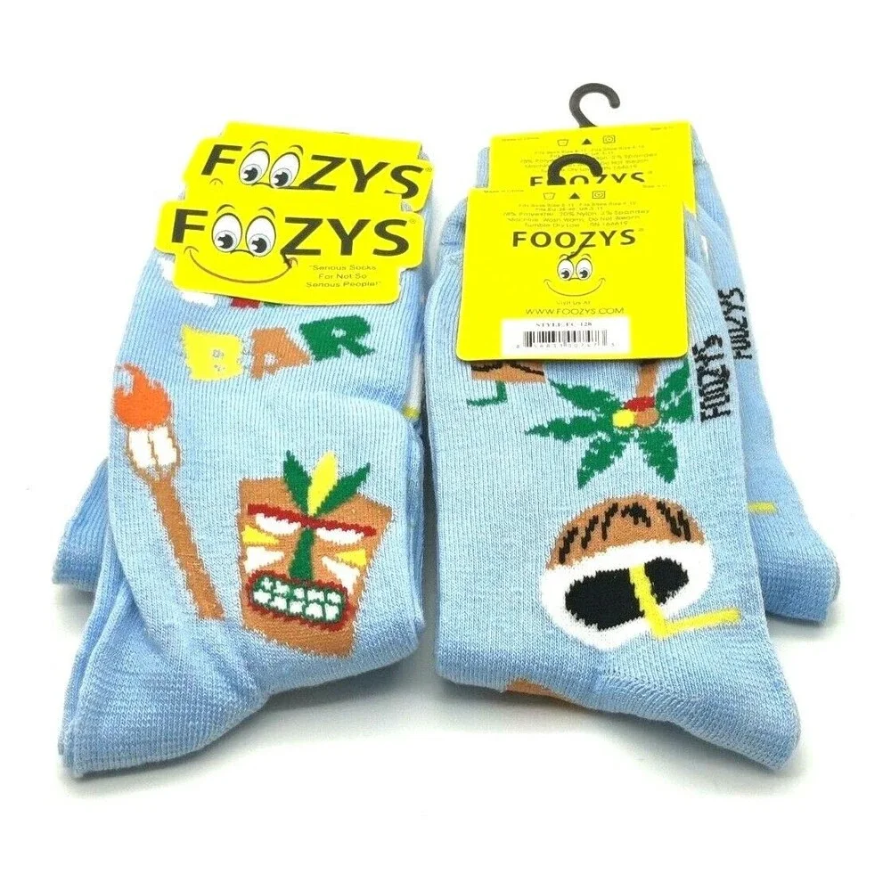 NWT FOOZY'S LADIES 4 PAIR TIKI BAR SOCKS TIKI TORCH PALM TREE LT BLUE SZ 4-10